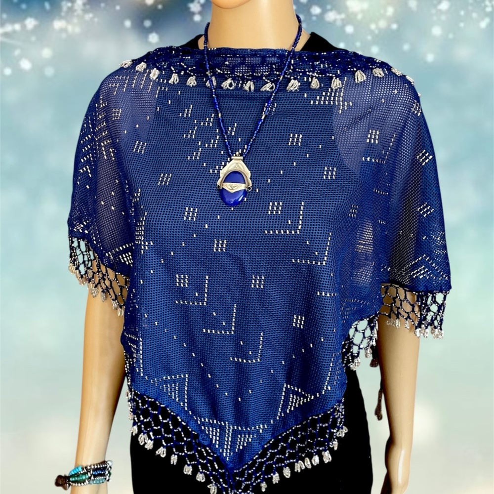 Royal Blue Assuit Scarf, Egyptian Beaded Tulle, Bellydance Hip Scarf / Hipscarf